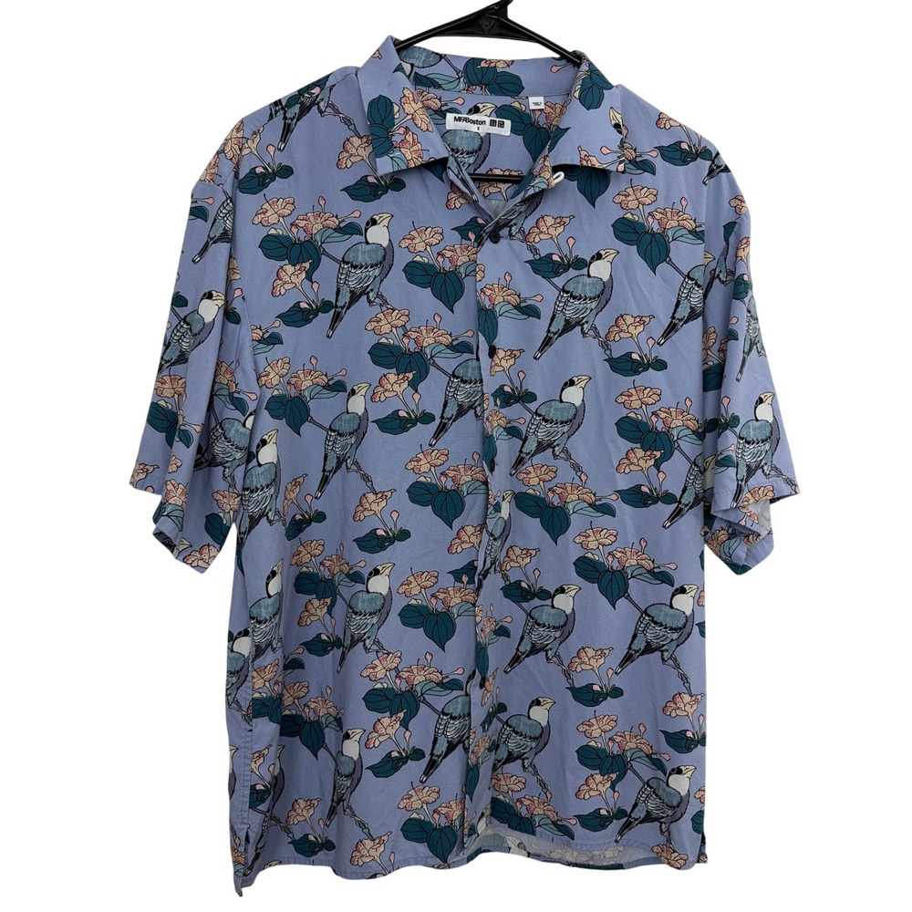 Uniqlo Shirt Mens Small Blue MFA Boston Bird Floral Short Sleeve Edo Ukiyo-e